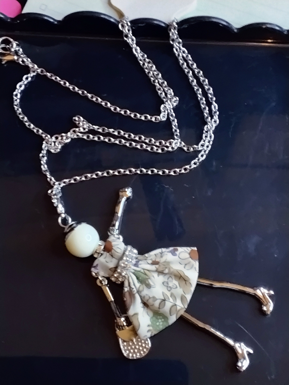 Silver Doll Pendant Necklace or Purse Charm with Cream Floral Dress